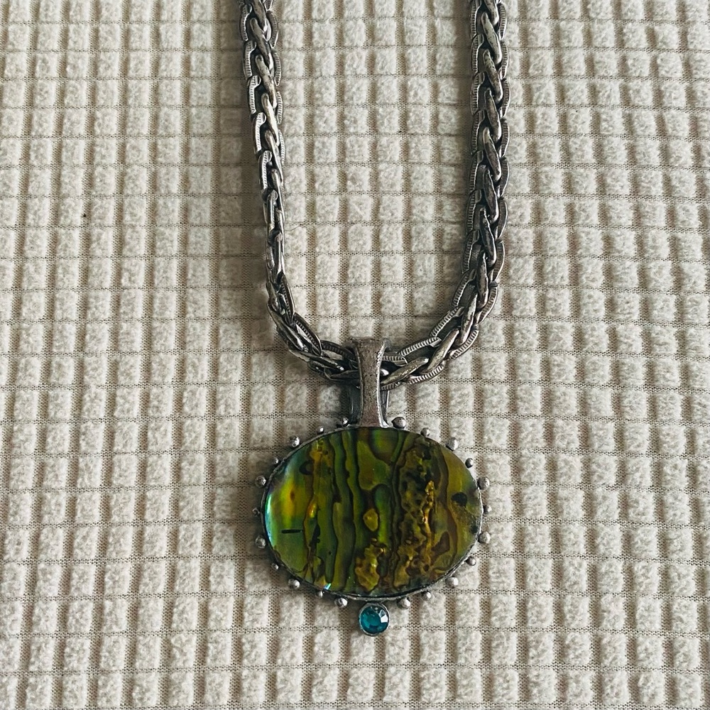Chico's Silver Necklace with Green Abalone Pendant